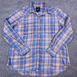American Eagle Outfitters Boyfriend Fit Plaid Flannel Shirt Blue Orange XL